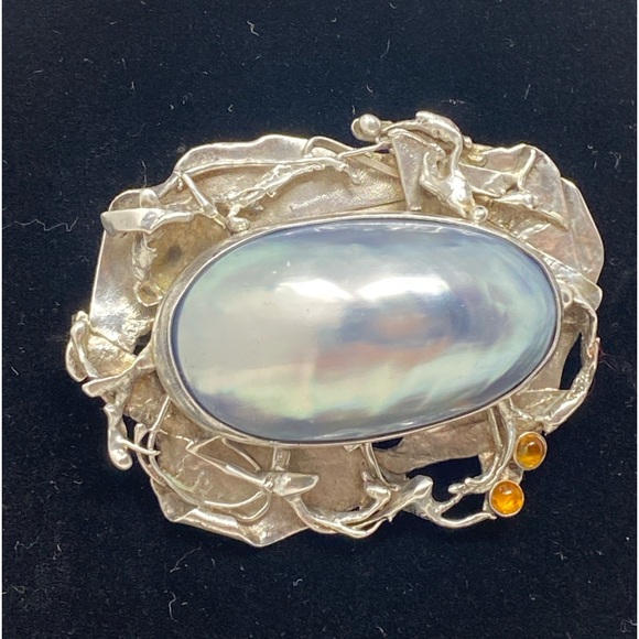 Antique 925 Sterling Silver brooch W/Mother Of Pearl And Amber - Picture 3 of 13